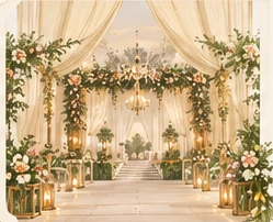 Illustrated floral wedding mandap and a warmly lit ceremonial aisle